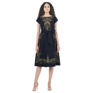 eShakti Size S Black Filigree Embellished Poplin Midi Dress